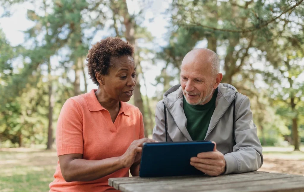 Carer and patient look at tablet whilst sitting on a bench
