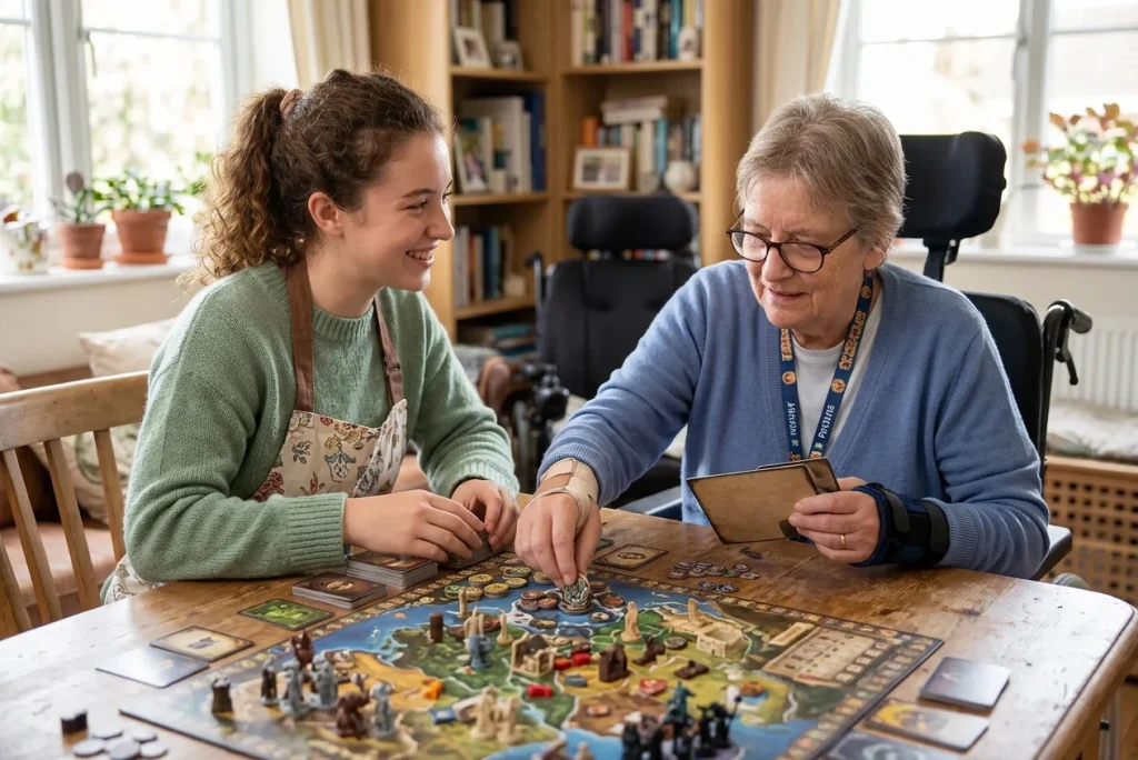 Young carer playing board game with elderly women